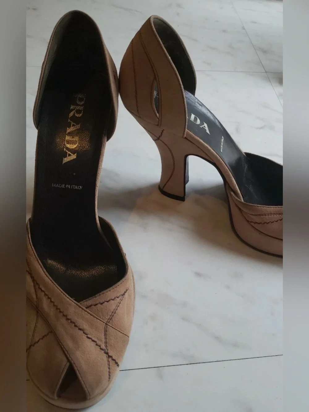 🆕 DS Prada Nude Suede Heels brown stitching peep toe size  37.5 Italy